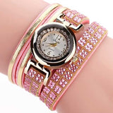 DUOYA Fashion Style Leather Band Bracelet Winding Rhinestones Dial Quartz Moement Ladies Watches