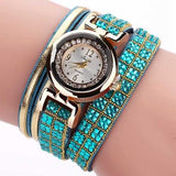 DUOYA Fashion Style Leather Band Bracelet Winding Rhinestones Dial Quartz Moement Ladies Watches