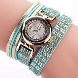DUOYA Fashion Style Leather Band Bracelet Winding Rhinestones Dial Quartz Moement Ladies Watches