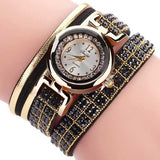 DUOYA Fashion Style Leather Band Bracelet Winding Rhinestones Dial Quartz Moement Ladies Watches