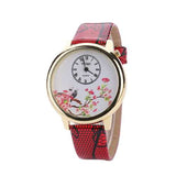 Flower and Bird Casual Leather Strap Quartz Wrist Watch
