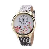 Flower and Bird Casual Leather Strap Quartz Wrist Watch