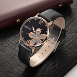 SMEETO C1734 Simple Flower Patten Leather Women Quartz Watch