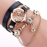 DUOYA Retro Style Pendant Gold Case Leather Bracelet Watch