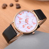 Rose Gold Case Flamingo Leather Strap Women Wrist Watch