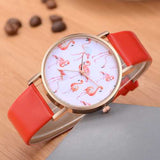 Rose Gold Case Flamingo Leather Strap Women Wrist Watch